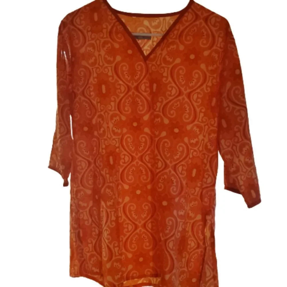 World Market boho orange print v neck tunic Size S/M